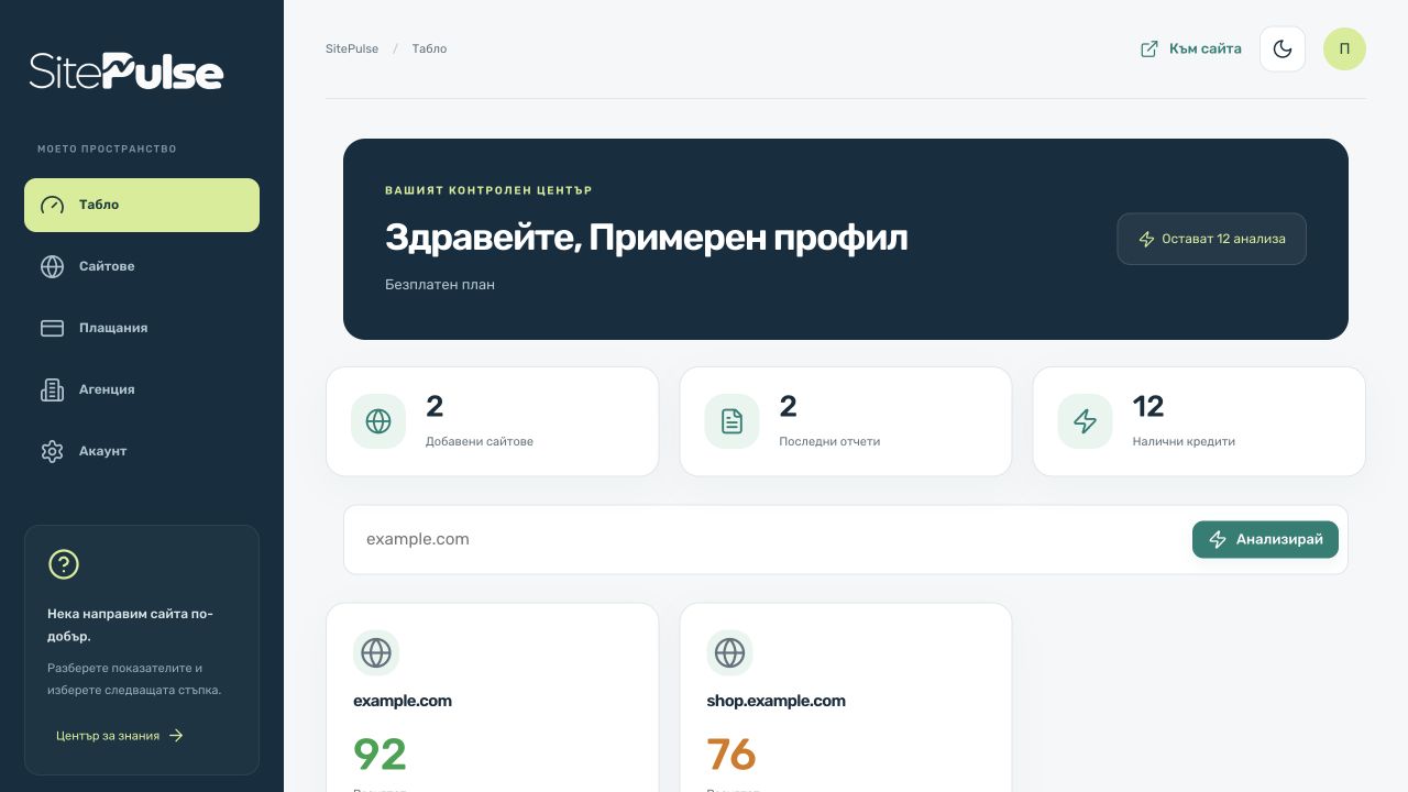 SitePulse workspace preview with sample data